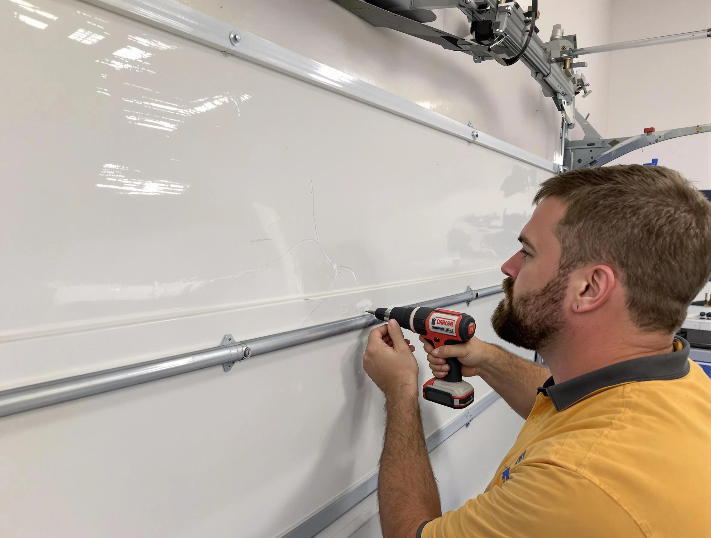 Bothell Garage Door Repair expert performing dent repair on garage door in Bothell