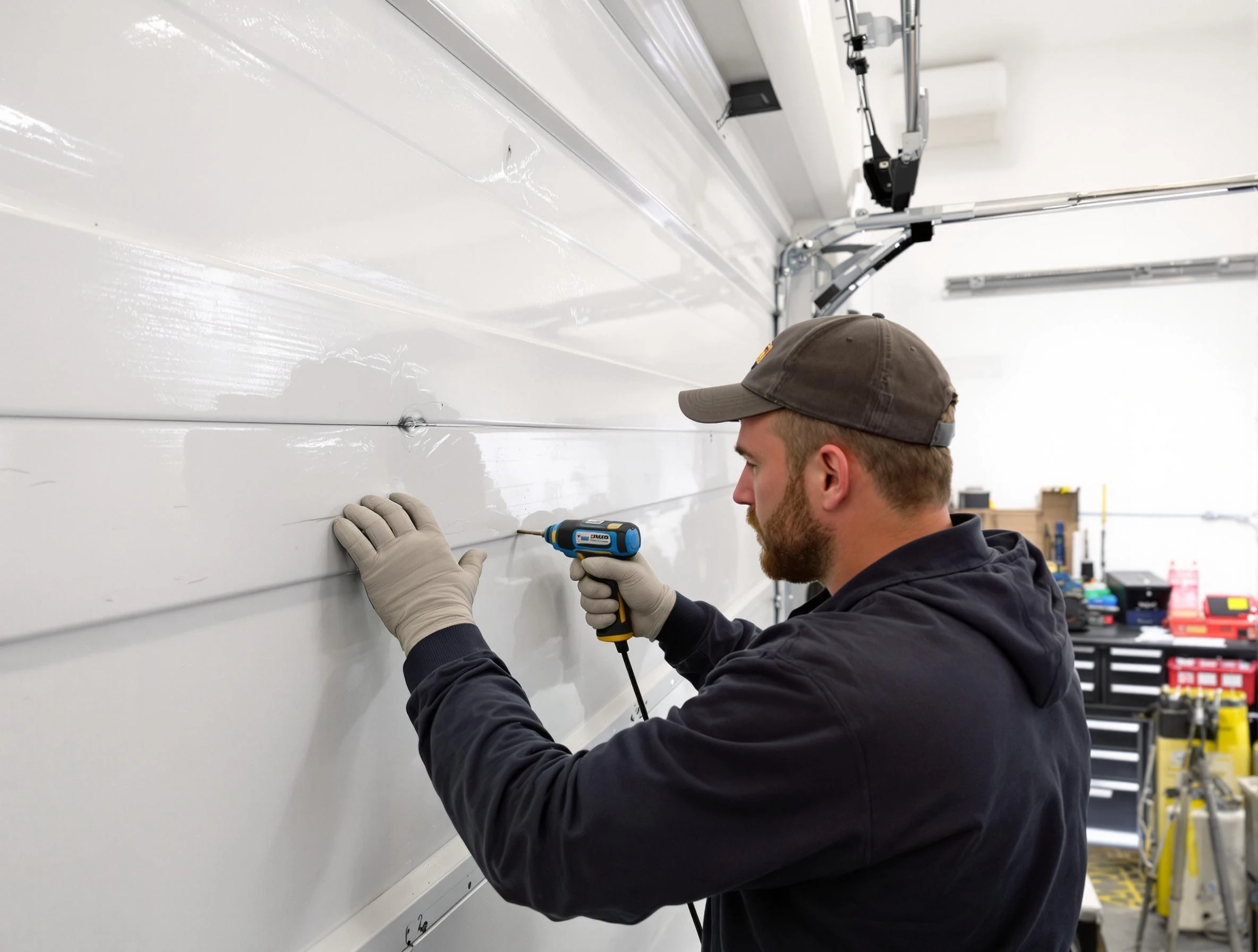 Bothell Garage Door Repair technician demonstrating precision dent removal techniques on a Bothell garage door